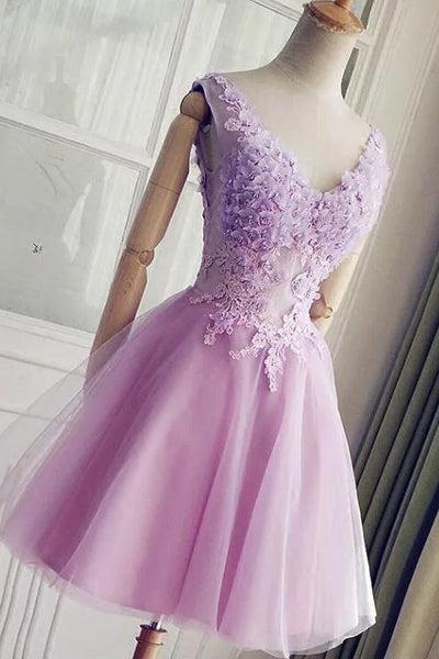 Lavender Short Lovely Floral And Applique Homecoming Dress, Charming Prom Dress