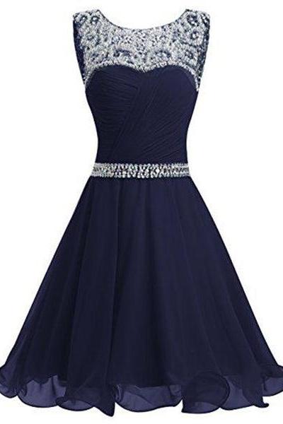Beautiful Navy Blue Chiffon And Sequins Knee Length Formal Dress, Blue Homecoming Dress