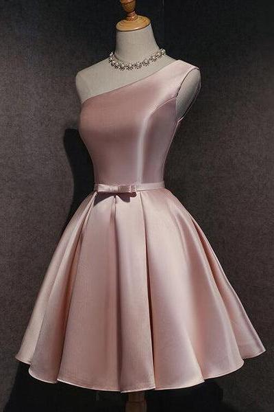 Pink Satin One Shoulder Homecoming Dress, Knee Length Prom Dress