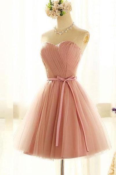 Lovely Sweetheart Short Party Dress, Pink Cute Teen Party Dress With Belt, Wedding Party Dresses