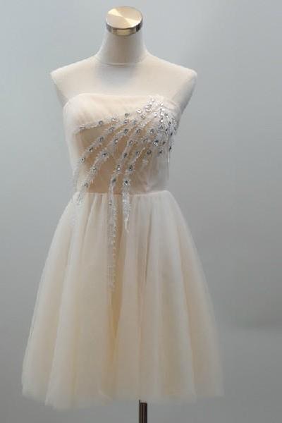 strapless Champagne tulle knee length prom Dresses, evening dress, Bridesmaid dresses