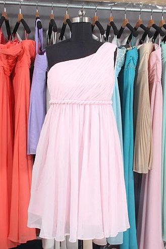 Pink One Shoulder Bridesmaid Dress, Short Chiffon Bridesmaid Dress, Homecoming Dress