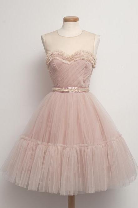 Charming Pink Homecoming Dress,cute Tulle Homecoming Dress,sleeveless O-neck Homecoming Dress