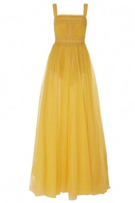 Yellow Lace Wide Sling Homecoming Dresses,charming A-line Sleeveless Homecoming Dresses