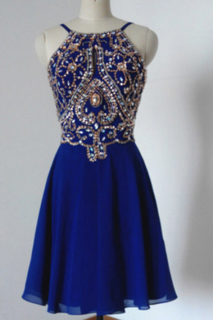 Fabulous Beaded Short Prom Dresses, Backless Halter Chiffon Homecoming Dresses, Royal Blue Mini Prom Dress
