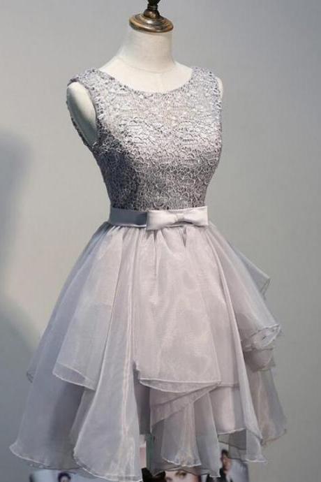 Gray Lace Homecoming Dresses, Short Princess Short Prom Dress With A Feminine Bow, Low Back Organza Prom Dress With A Ribbon