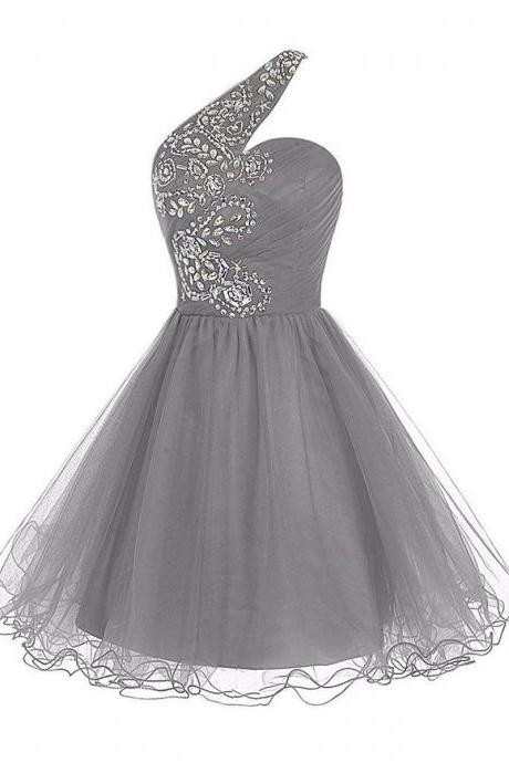 Short A-line Tulle Homecoming Dress Featuring Beaded Embellished Ruched One Shoulder Sweetheart Bodice And Lace-up Back