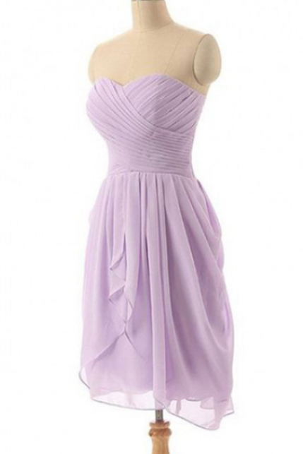 Lavender Chiffon Ruched Sweetheart Short Bridesmaid Dress Featuring Lace-up Back, Evening Dress