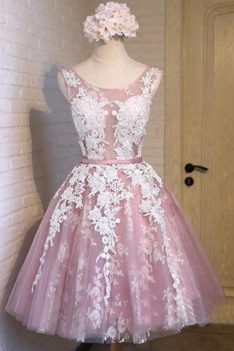 Scoop Neck See-through Tulle Prom Dress, Princess Lace Appliques Pink Short Prom Dress, Low Back Lace-up Mini Prom Dress