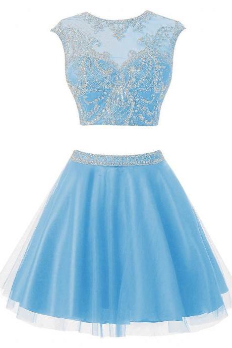 Jewel Neck Cap Sleeves Short Prom Dress, Open Back Two Piece Prom Dress, Light Blue Beaded Mini Tulle Prom Dress