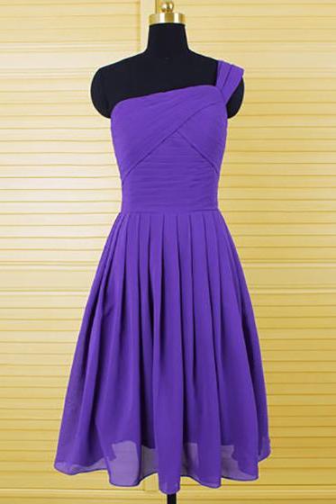 One Shoulder Bridesmaid Dresses, Purple Chiffon Bridesmaid Dresses With Ruched Bust, Knee-length Bridesmaid Dresses With Pleats