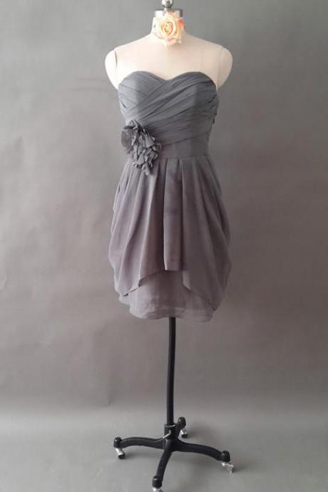 Gray Sweetheart Bridesmaid Dress with Ruching Detail,Chiffon Bridesmaid Dress with Pleats