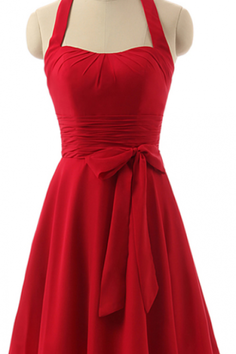 Hot Red Halter Bridesmaid Dresses, Short Chiffon Bridesmaid Dress with a Sash, Mini Bridesmaid Dresses