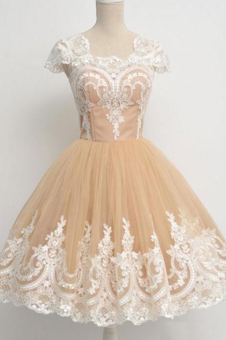 Champagne Tulle Prom Dresses, White Lace Prom Dresses Appliquéd, Short Homecoming Dresses