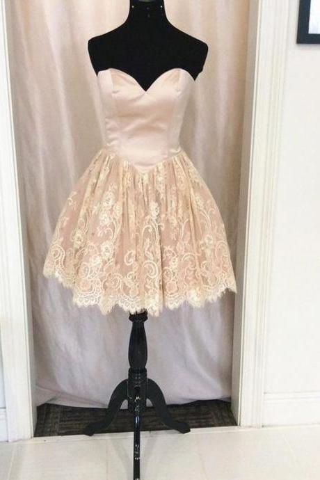 satin and Lace Homecoming Dress,Pink Cocktail Dress, Party Dress Short,Lace Graduation Dress