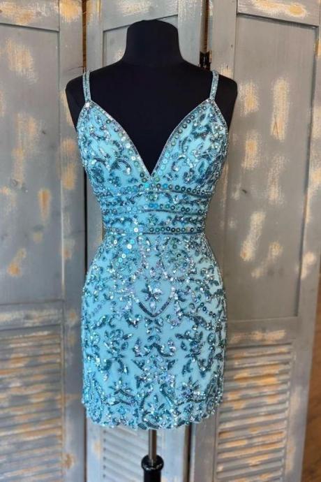 Homecoming Dresses,Tight Blue Sequins Homecoming Dress, Short Prom Dresses,sexy Party Dress