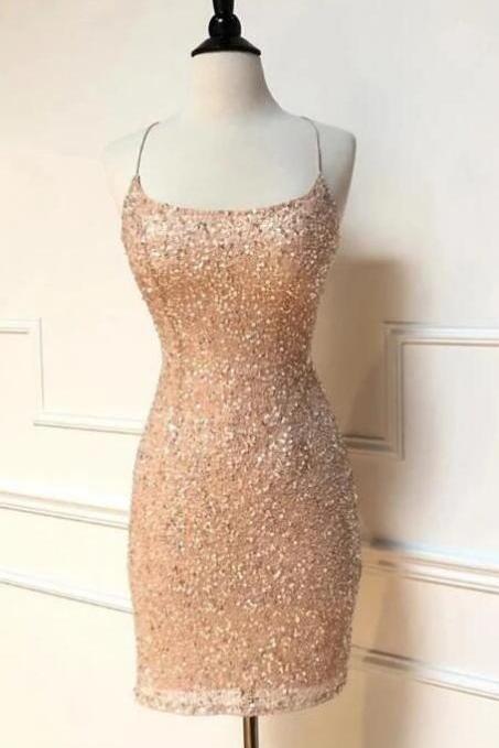 Homecoming Dresses,peach Sequins Homecoming Dress, Short Prom Dresses,sexy Party Dress