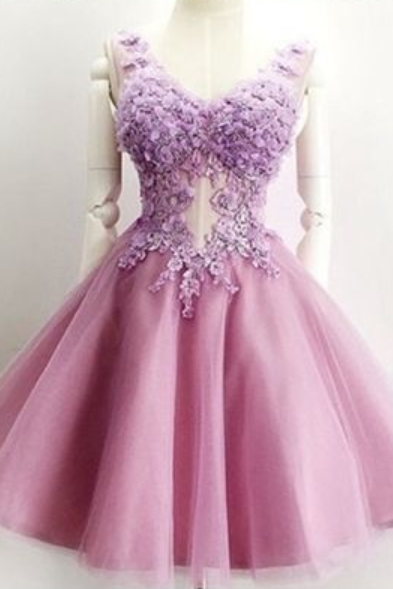 Homecoming Dress V-neck Appliques Lilac Short Prom Dress Party Dress