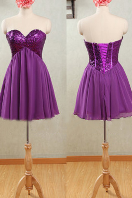 Sweetheart Purple Homecoming Dresses, Sparkly Chiffon Prom Dresses, Causal Short Bridesmaid Dresses