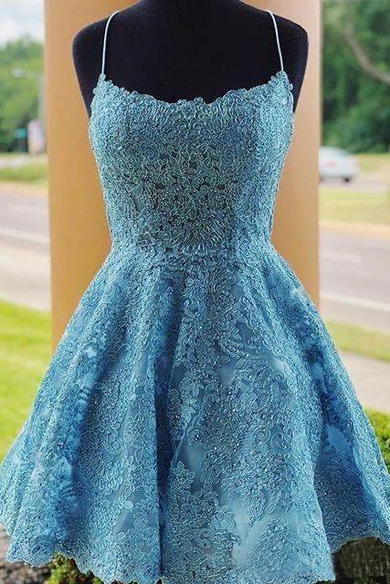 A-line Light Blue Lace Cute Homecoming Dress, Short Prom Dress