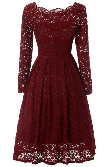 Burgundy A-line Lace Homecoming Dress With Long Sleeves, Short Prom Dresses,sexy Party Dress