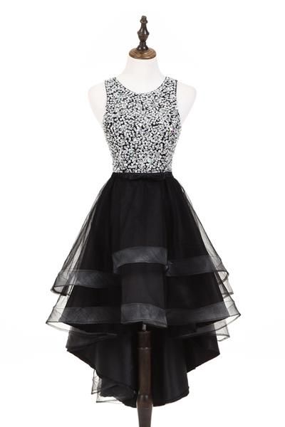 Cute Silver Sequins High Low Black Tulle Homecoming Dresses, Short Prom Dresses,sexy Party Dress