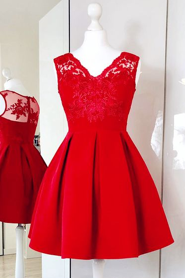 A-line V-neck Red Satin Short Homecoming Dress With Lace,short Prom Dresses,sexy Party Dress