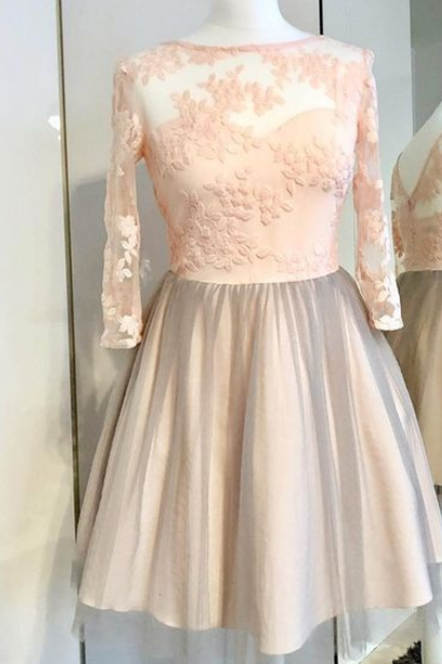 A-line Long Sleeves Pink Tulle Homecoming Dress With Appliques,short Prom Dresses,sexy Party Dress