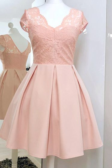 A-line V-neck Short Sleeves Pink Homecoming Dress With Lace,short Prom Dresses,sexy Party Dress