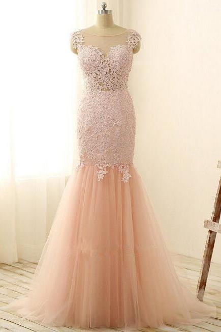 Fitted Mermaid Prom Dress,Pink Applique Prom Gowns,Illusion Evening Dress,Sheer Back Formal Dresses