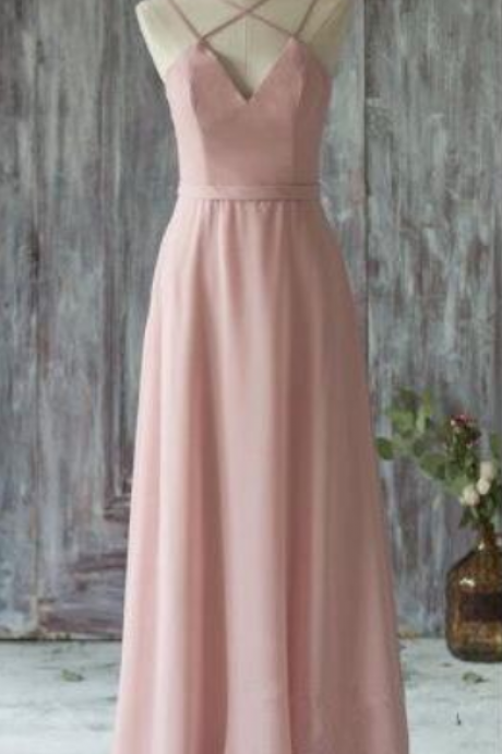 Floor-length V-neck Chiffon Prom Dress in Dusty Pink
