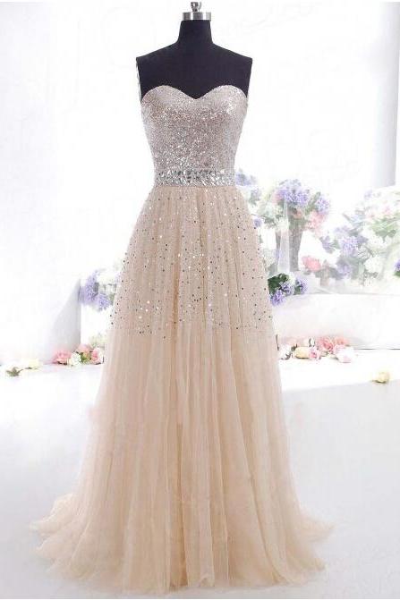 Long Tulle Sequin Prom Dress Showcasing Beaded Embellished Sweetheart Bodice 