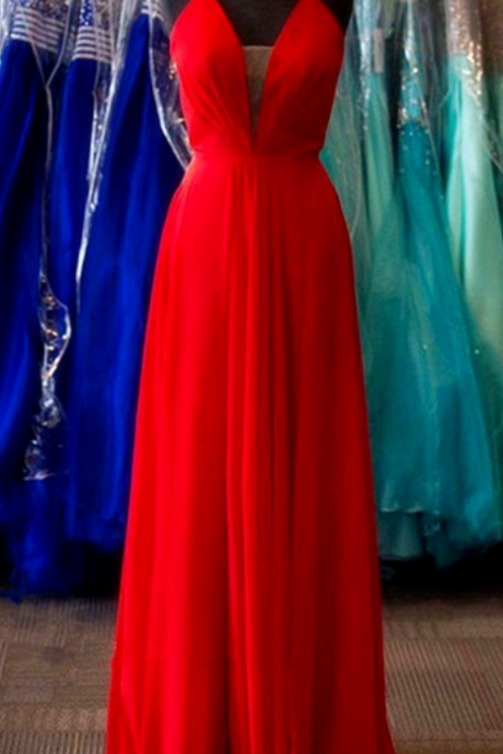 Gorgeous Red V Neck Chiffon Formal Gown With Spaghetti Straps Long Prom Dress