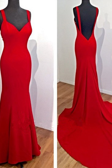 Fitted Straps Red Sweetheart Silk Satin Open Back Formal Gown Sheath Prom Dresses