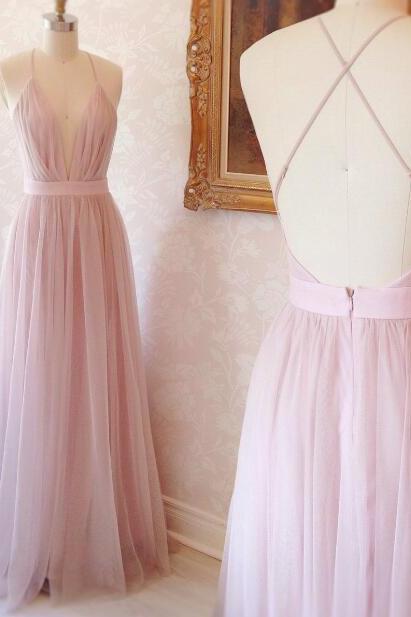 Simple A line V-neck Long Prom Dress,Tulle Evening Dress,Pink Prom Dress with Criss Cross Back,Formal Dress,Maxi Dress