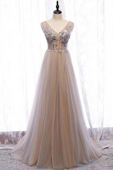 Sexy,gray party dress,v-neck fairy prom dress with applique
