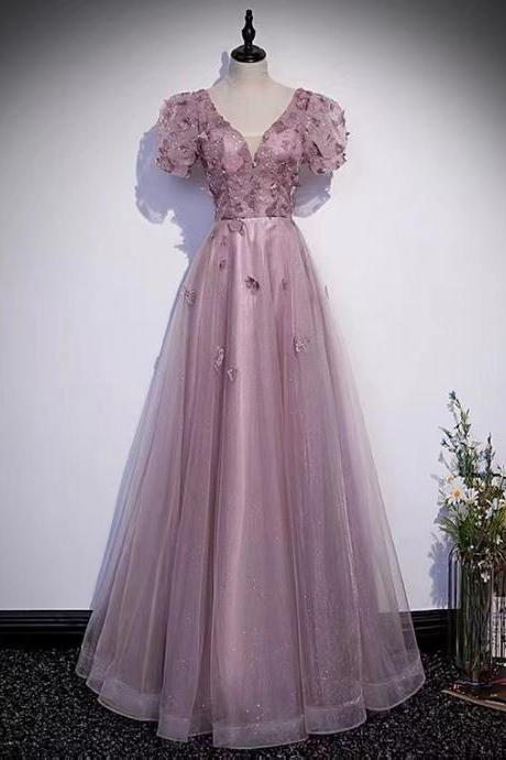 Pink evening dress, high grade fairy dress, v-neck light luxury prom dress with butterfly applique
