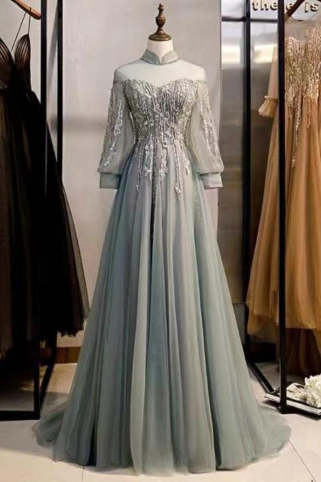 High collar bridesmaid dress , gray formal dress,long sleeve fairy dream dress, birthday party dress
