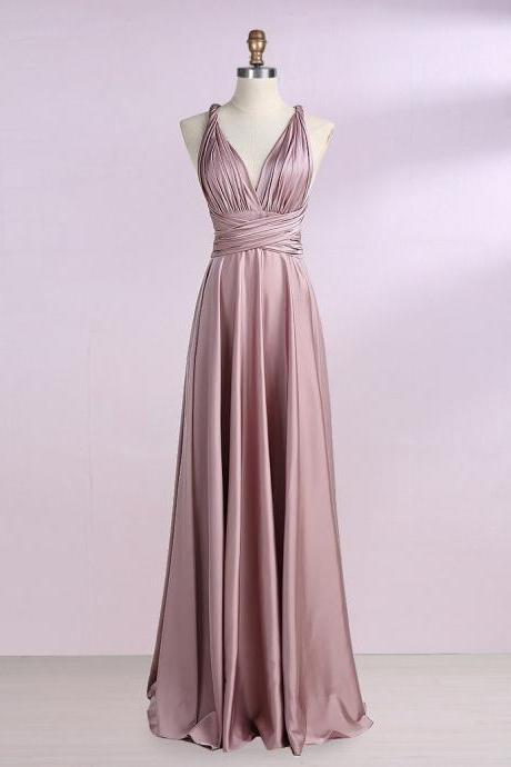A-line V-neck Satin Convertible Prom Bridesmaid Dress