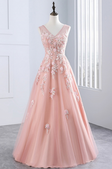 Appliques A-line Tulle Formal Prom Dress, Beautiful Long Prom Dress, Banquet Party Dress