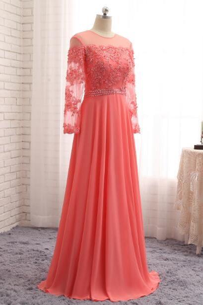Elegant Long Sleeves Chiffon Appliques Formal Prom Dress, Beautiful Long Prom Dress, Banquet Party Dress