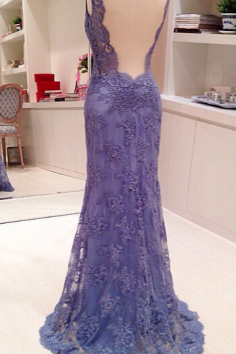 Elegant Sexy V Neck Lace Backless Formal Prom Dress, Beautiful Long Prom Dress, Banquet Party Dress