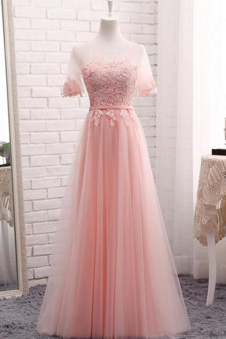 Elegant Sleeves Tulle O-neckline Formal Prom Dress, Beautiful Long Prom Dress, Banquet Party Dress