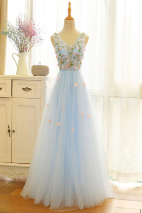 Elegant V-neckline Floral Lace Tulle Formal Prom Dress, Beautiful Long Prom Dress, Banquet Party Dress