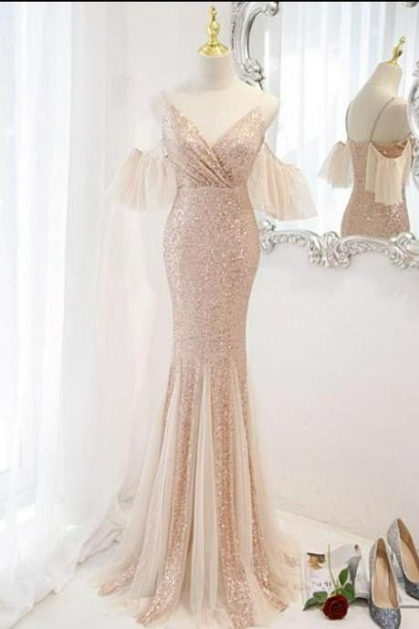 Elegant Sequins And Tulle Mermaid Formal Prom Dress, Beautiful Long Prom Dress, Banquet Party Dress