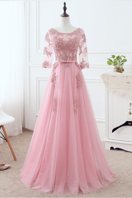  Elegant tulle A-line half-sleeve formal prom dress, beautiful long prom dress, banquet party dress 