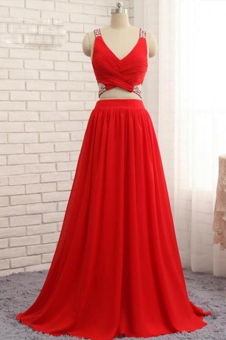Elegant Two Pieces V Neck A-line Chiffon Formal Prom Dress, Beautiful Long Prom Dress, Banquet Party Dress