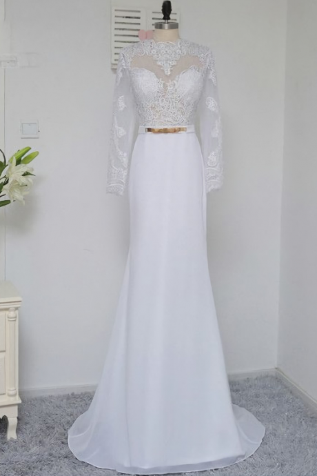 Elegant Long Sleeve V Neck Lace Chiffon Formal Prom Dress, Beautiful Long Prom Dress, Banquet Party Dress