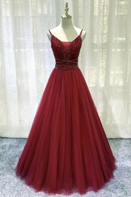 Elegant Tulle Beads Formal Prom Dress, Beautiful Long Prom Dress, Banquet Party Dress