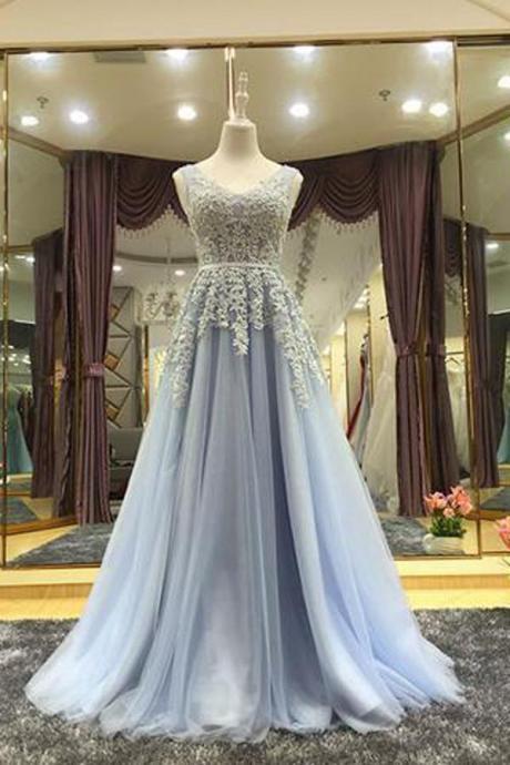 Elegant Princess A-line V-neck Tulle Formal Prom Dress, Beautiful Long Prom Dress, Banquet Party Dress